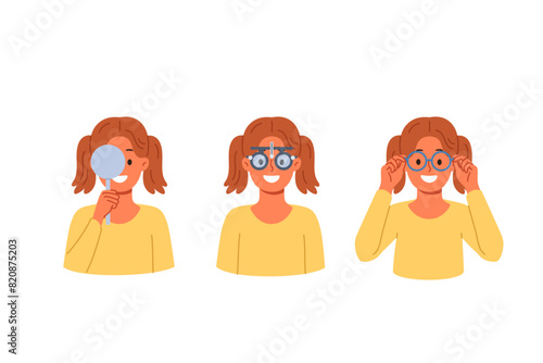 Vision testing and choice of glasses in ophthalmic clinic for little girl experiencing eye problems. Selection of glasses and right lenses for vision correction for preschool child