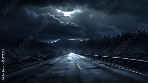 Empty  highway in dark night creating a mysterious and dramatic atmosphere