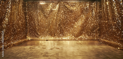 Elegant photo studio room featuring a shimmering, gold sequin background.