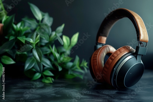 A pair of headphones is placed on a leafy green background. The headphones are brown and black, and they are positioned in the center of the image. The leafy green background adds a sense of nature photo