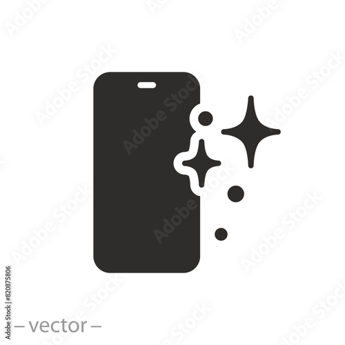 sanitize smartphone icon, clean phone glass, disinfect device, flat symbol on white background - vector illustration