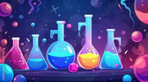 A science lab banner that presents science experiments for kids. Modern illustration of a laboratory with flasks and tubes.