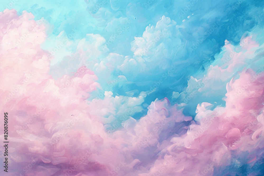 Soft, dreamy pastel clouds of cotton candy pink and baby blue float gracefully on a canvas painted with gentle, sweeping strokes.
