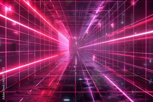A neon neon red laser grid cyber retro wave 3D backdrop. Generative AI
