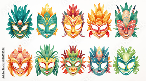 boho tiki taka mask clipart  white background  boho mask clipart  watercolor tiki taka masks clipart  multicolor bohemian tiki taka masks 