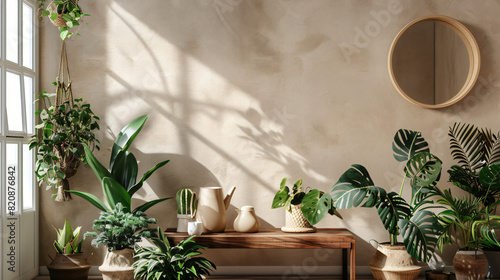 Table with teapot houseplants and mirror near beige wa photo