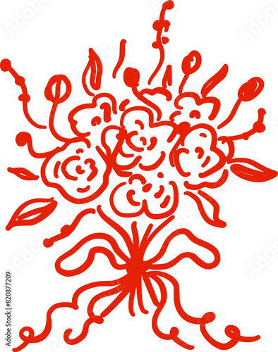 Bridal bouquet of abstract flowers with a bow. Isolated illustration in red color. A wedding decoration in a whimsical hand-drawn style. Suitable for invitations, posters, textile
