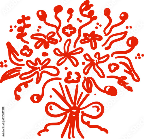 Bridal bouquet of abstract flowers with a bow. Isolated illustration in red color. A wedding decoration in a whimsical hand-drawn style. Suitable for invitations, posters, textile