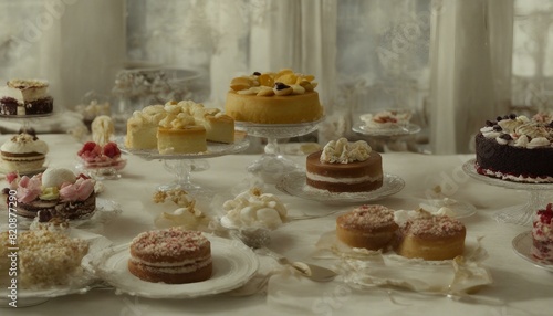 An assortment of cakes and cookies on a table. Four cakes  left  middle-left  top right  bottom right. Five pastries  two in center  three on left. Visually appealing 