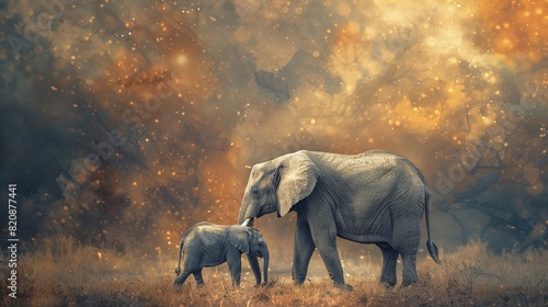 Mother elephant and her calf, tender and heartwarming scene, showcasing the strong bond between parent and offspring, symbolizing love and protection in the wild photo