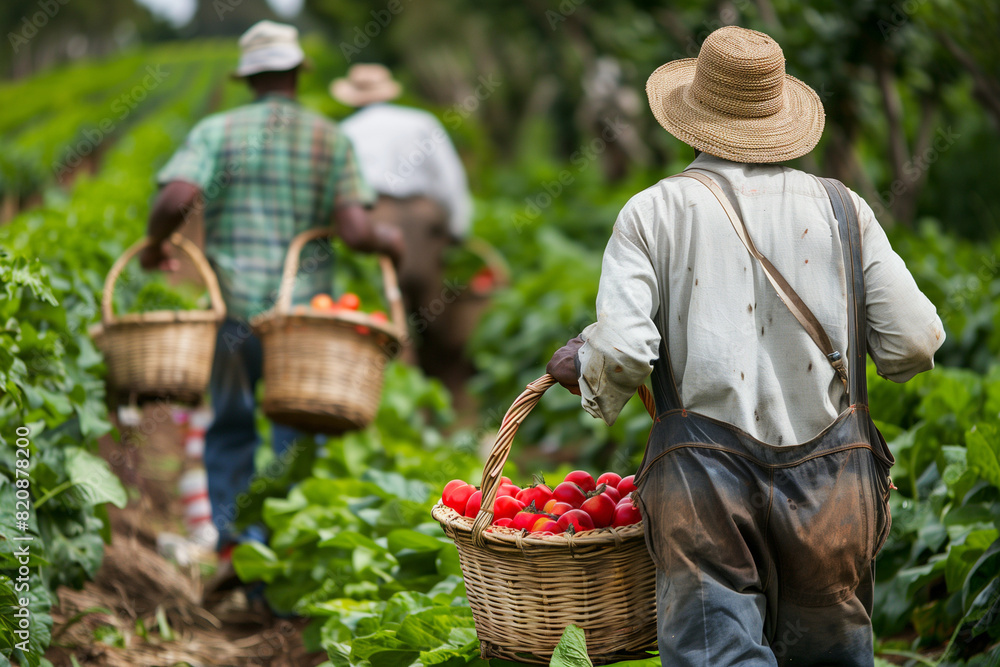 Fototapeta premium A group of people carrying baskets of vegetables. Scene is peaceful and serene, as the people are walking through a lush green field