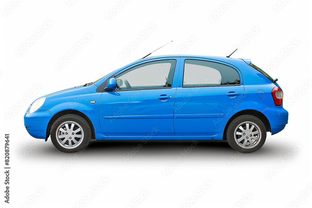 A blue car is parked on a white background