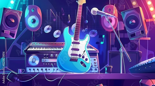 Posters with guitar  synthesizer  microphone in a recording studio. Retro modern flyer idea of an electric guitar  synthesizer  and dynamics.