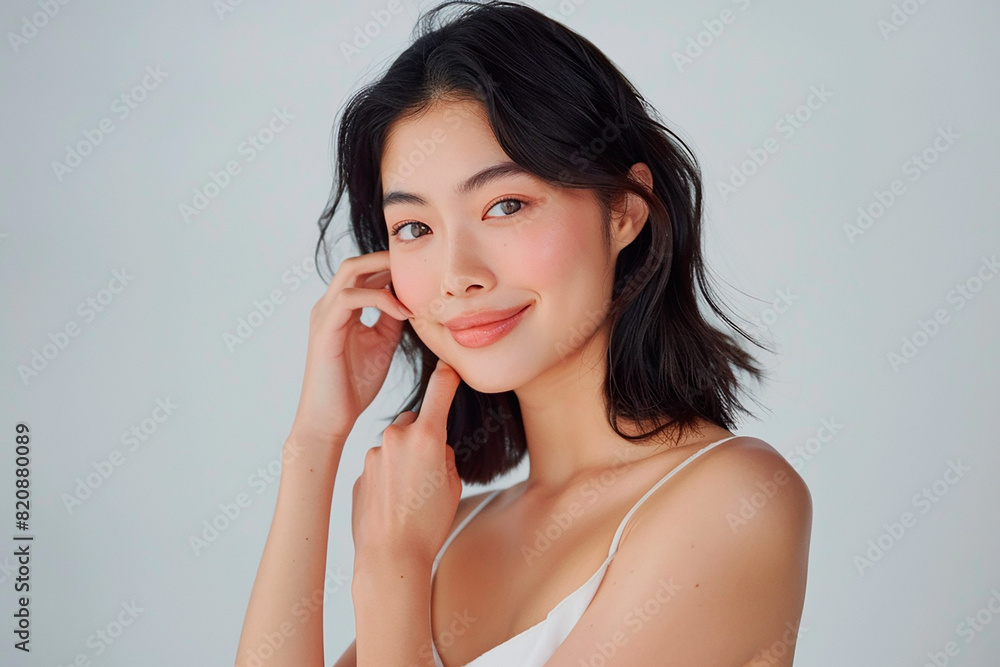 A woman with long hair and a white tank top is smiling A woman with long hair and a white tank top is smiling