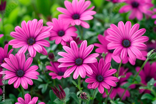 A bunch of pink flowers with blue centers