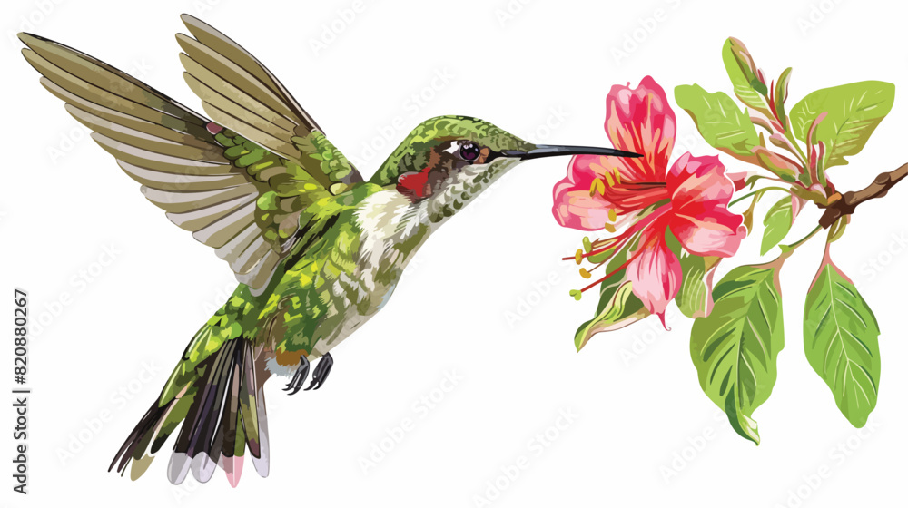 Hummingbird flying and pecking flower nectar 