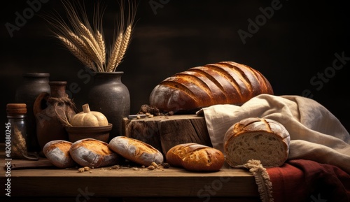 various breads and other food on the rustic desk, photo