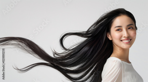 Beautiful glamorous Chinese American woman with smiling face and long flowing hair for hair care advertisement with natural makeup isolated on white background created with Generative AI Technology