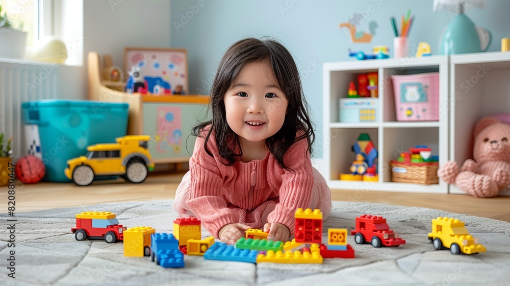 Fototapeta premium Little Girl Playing With Toys on Floor
