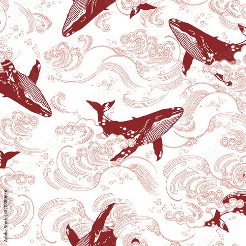 Beautiful whale pattern swimming in rough waves,