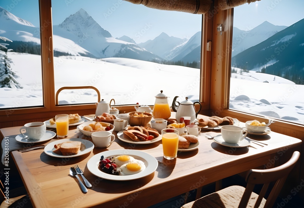 Fototapeta premium Romantic realistic breakfast in the open snow also snowy mountain view with food and camping in nature, hotel without people