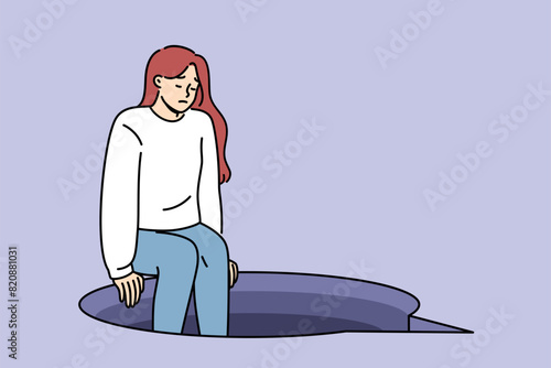 Depression in woman sitting on edge of abyss in form of speech bubble, as metaphor for complex conversation. Introvert girl experiences frustration and negative emotions due to upcoming conversation.