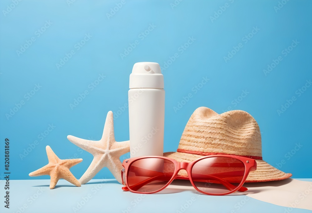 Safely embracing the sun Illuminate your summer with UV safety essentials on a pastel blue backdrop Safely embracing the sun Illuminate your summer with UV safety essentials on a pastel blue backdrop