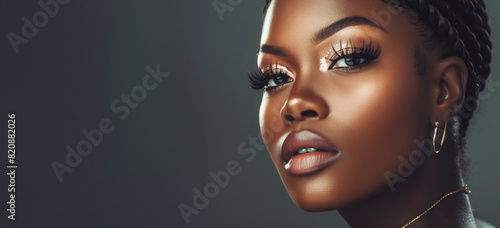 A woman with dark hair and brown eyes is wearing makeup. She has a gold necklace around her neck. Beauty portrait of African American woman black hair model