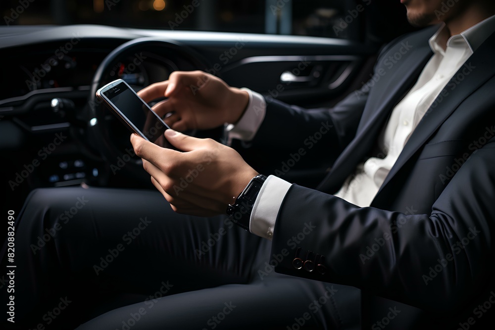A man in an old suit in a luxury car. Successful businessman driving an expensive car, close-up. A rich executive in a car with a phone in his hands.