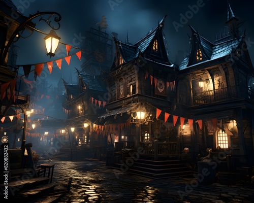 Fantasy Halloween background with haunted house and lanterns. 3d rendering