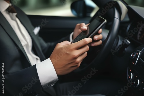 A man in an old suit in a luxury car. Successful businessman driving an expensive car, close-up. A rich executive in a car with a phone in his hands. © Сергій Колесніков