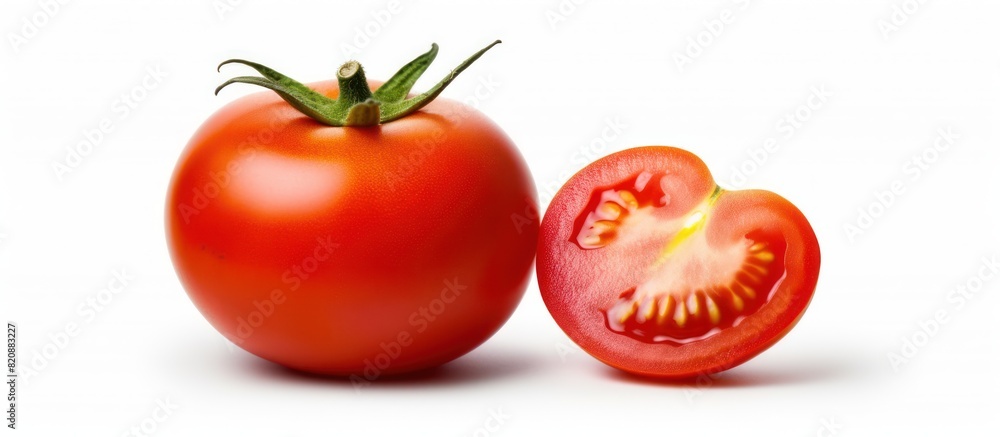 cut half red tomato and fresh tomato fruit isolated white background. copy space cut half red tomato and fresh tomato fruit isolated white background. copy space