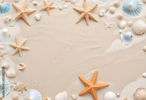  Starfish and seashells on a sandy beach background