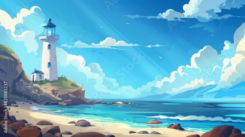 The building of a lighthouse on the seashore has a parallax background. The building at the ocean landscape is surrounded by water and rocks in a cloudy sky, separated layers for a 2D game animation,