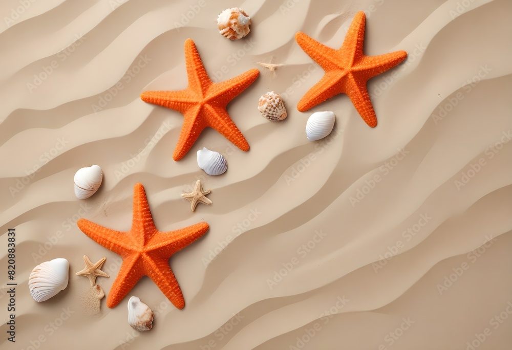 Starfish and seashells on a sandy beach background Starfish and seashells on a sandy beach background