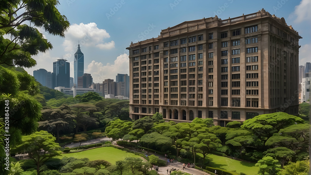 A large modern building surrounded by lush greenery and park space in an urban environment