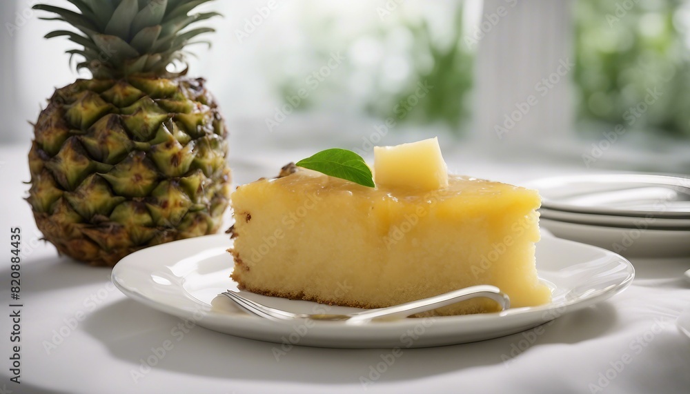 A whole pineapple upside-down cake and its slices on top of a white table. A whole pineapple upside-down cake and its slices on top of a white table.