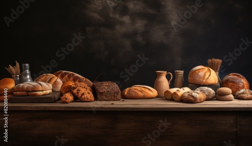 view of bakery products on table, in the style of sparse backgrounds,