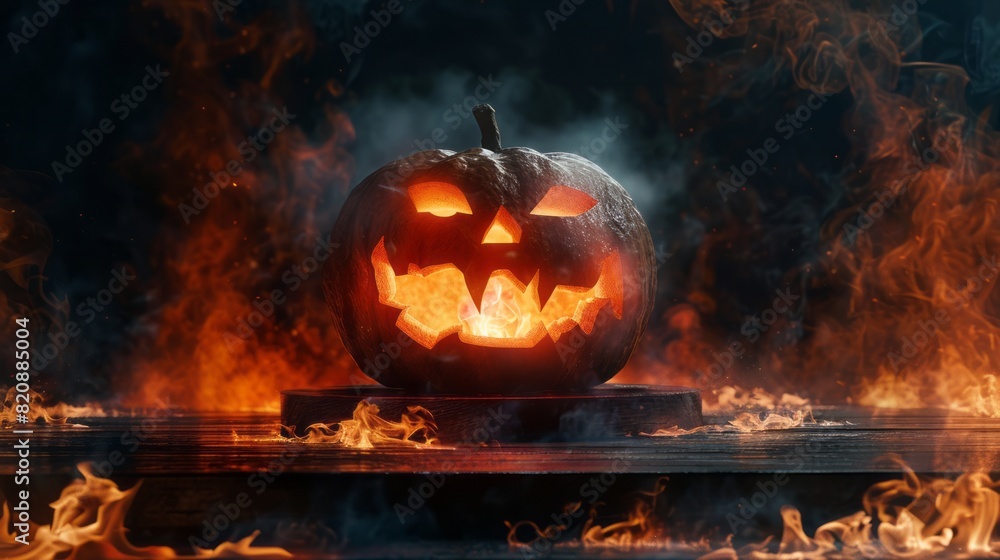 empty podium with FIRE background. smokey and fire. halloween pumpkin empty podium with FIRE background. smokey and fire. halloween pumpkin