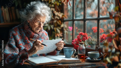 Elderly woman composing a blank wedding card against a floral background, with a lace tablecloth on a sunny morning