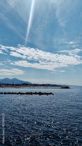 sea, reef, mountains, blue sky, pier, beach, rocks