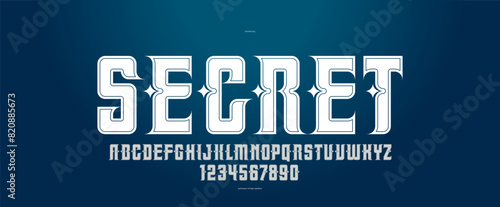 Vintage mystic and secret font for emblems and logos, old ancient display typeface for headers and slogans, poster typography design alphabet letters and numbers.