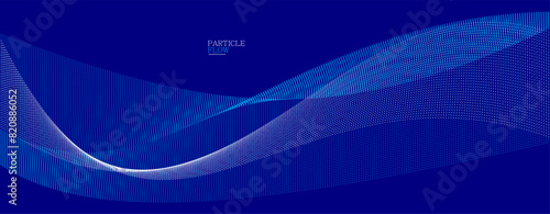 Blue dots in motion dark vector abstract background, particles array wavy flow, curve lines of points in movement, technology and science illustration.