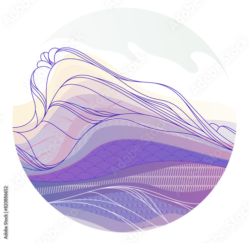 Nature art oriental Japanese style vector abstract background in a shape of circle, runny like water shapes and lines with textures.