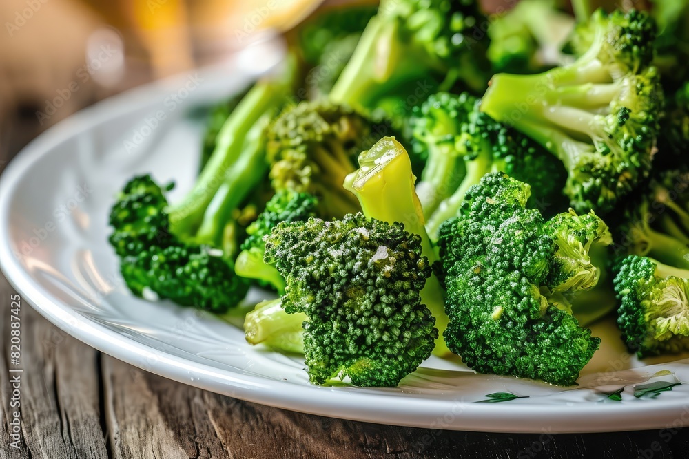 Steamed broccoli on white restaurant plate isolated. Green asparagus cabbage cooked on steam Steamed broccoli on white restaurant plate isolated. Green asparagus cabbage cooked on steam