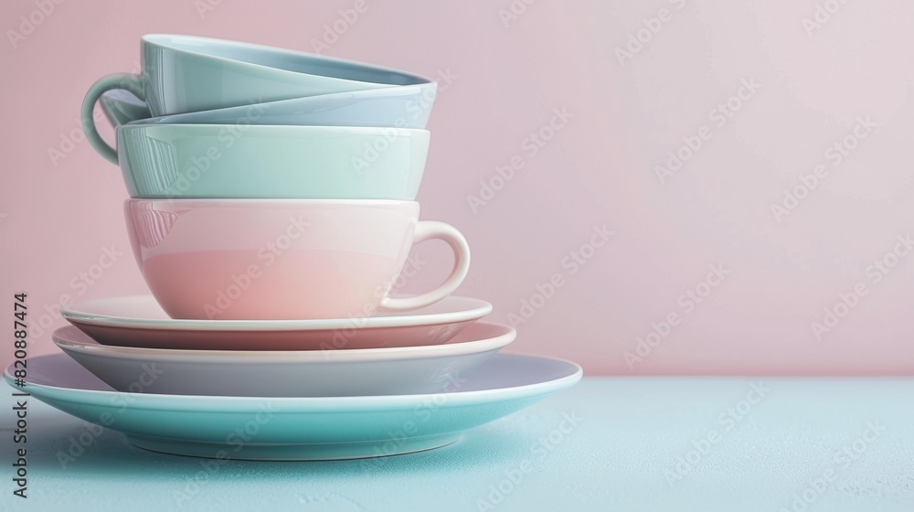 A stack of pastel-colored cups and plates arranged neatly against a soft pink background A stack of pastel-colored cups and plates arranged neatly against a soft pink background