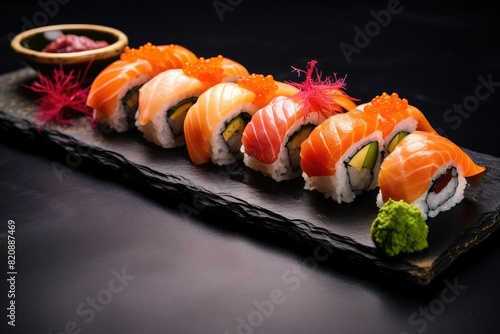 Sushi Set, Salmon Susi Rolls Lunch, Nori Maki, Nigiri Sushi Roll on Black Stone Plate Background