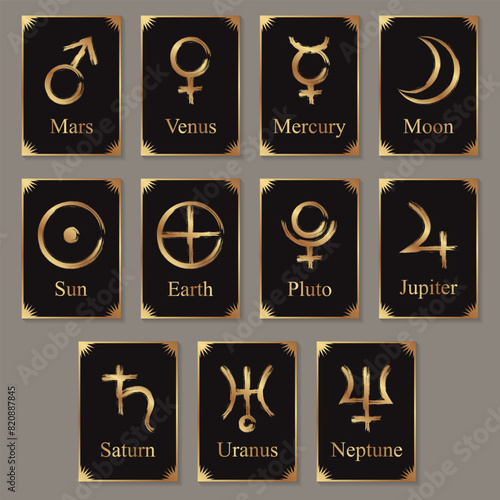 Set of luxury black cards with golden grunge planet symbols.