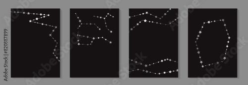 Modern geometric luxury wedding invitation design or card templates for birthday greeting or certificate or cover with silver stars and constellation on a black background.