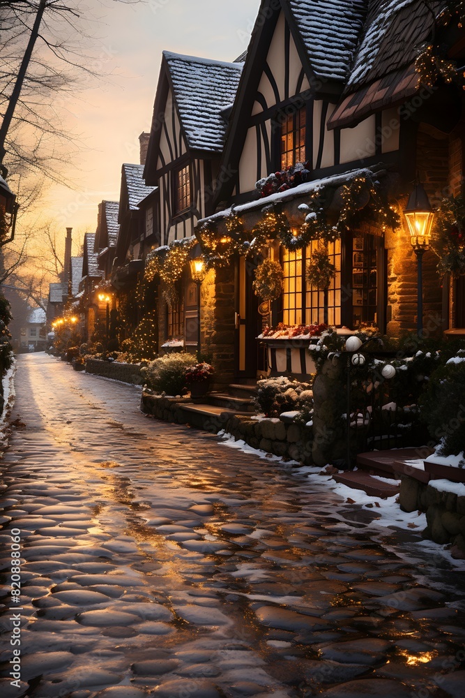 Cobblestone street in winter at dusk with snow and lights